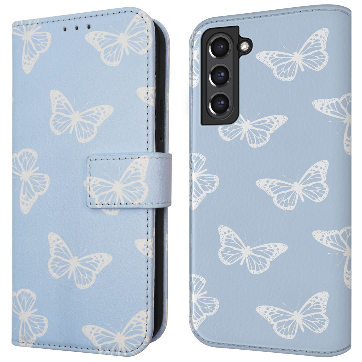 Coque bleu clair à motifs papillons blancs. Ouverte, révélant un téléphone.