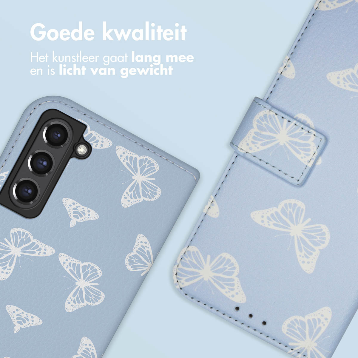 Coque de téléphone bleu clair avec motif papillon blanc et découpe caméra.