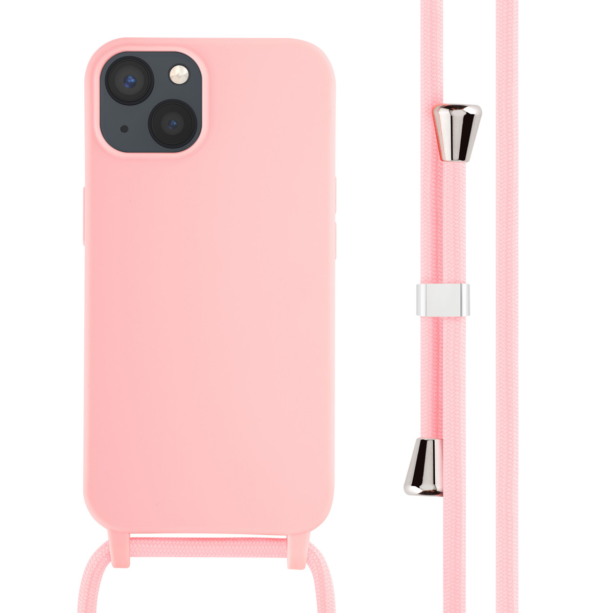 Coque de téléphone rose avec cordon rose. La coque a deux caméras.