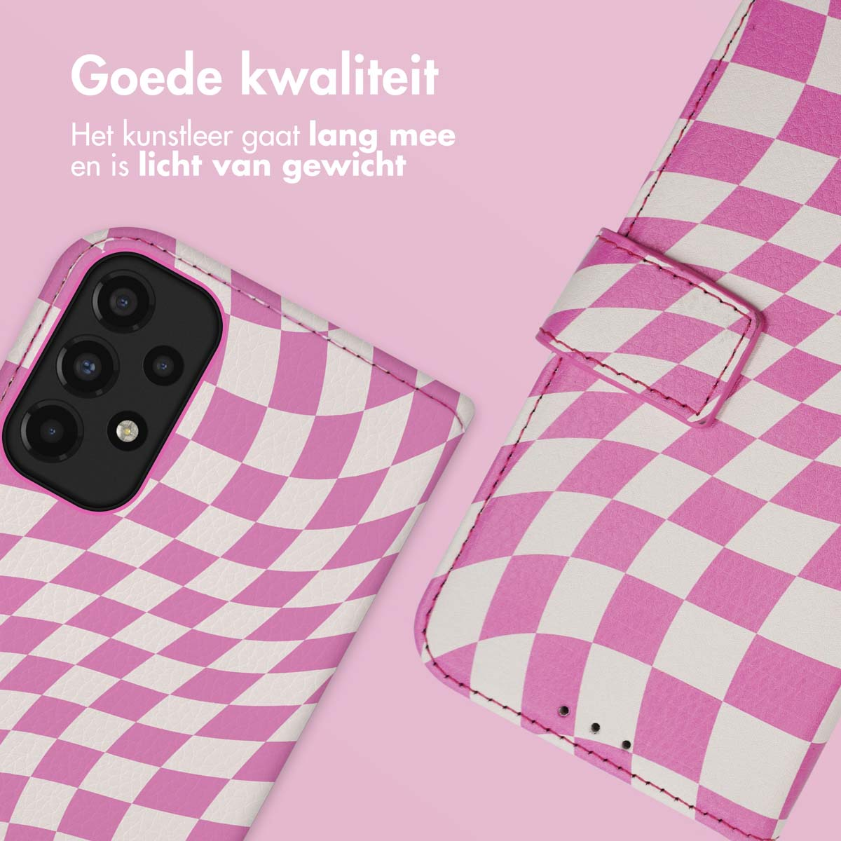 Ein pink-weißer Handyhülle mit kariertem Muster auf rosa Hintergrund.