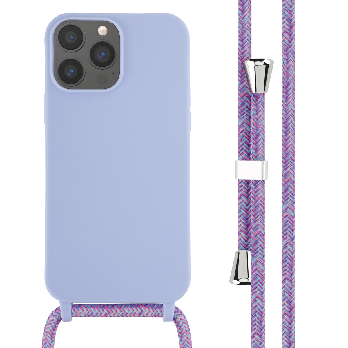 Un étui de téléphone bleu clair avec une sangle colorée attachée. La sangle est tressée.