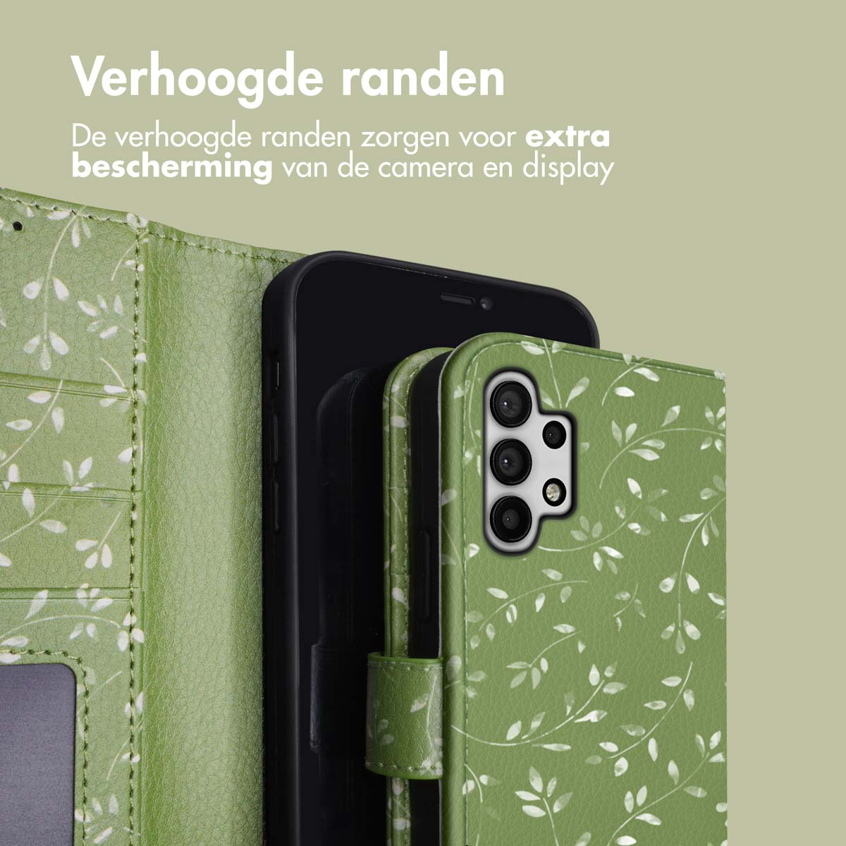 Custodia verde per telefono con motivo a foglie, protegge fotocamera e display.