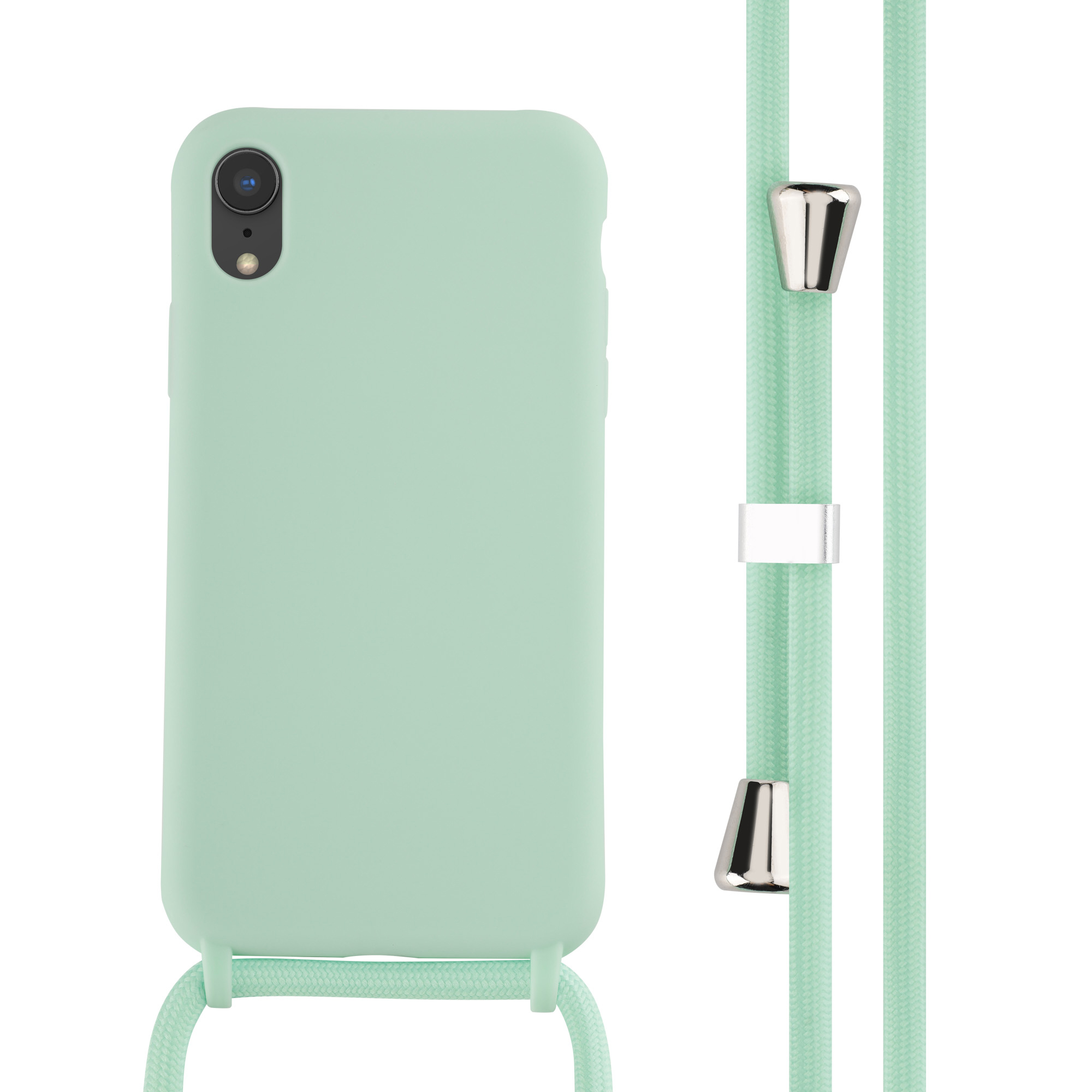 Coque de téléphone vert menthe avec un cordon vert menthe. Le téléphone est à gauche.