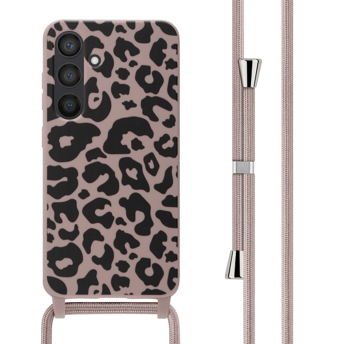 Roze telefoonhoes met zwarte luipaardprint en een roze koord.