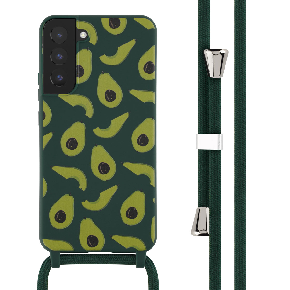Coque de téléphone verte avec motif avocat, avec un cordon vert. Le téléphone est à gauche.
