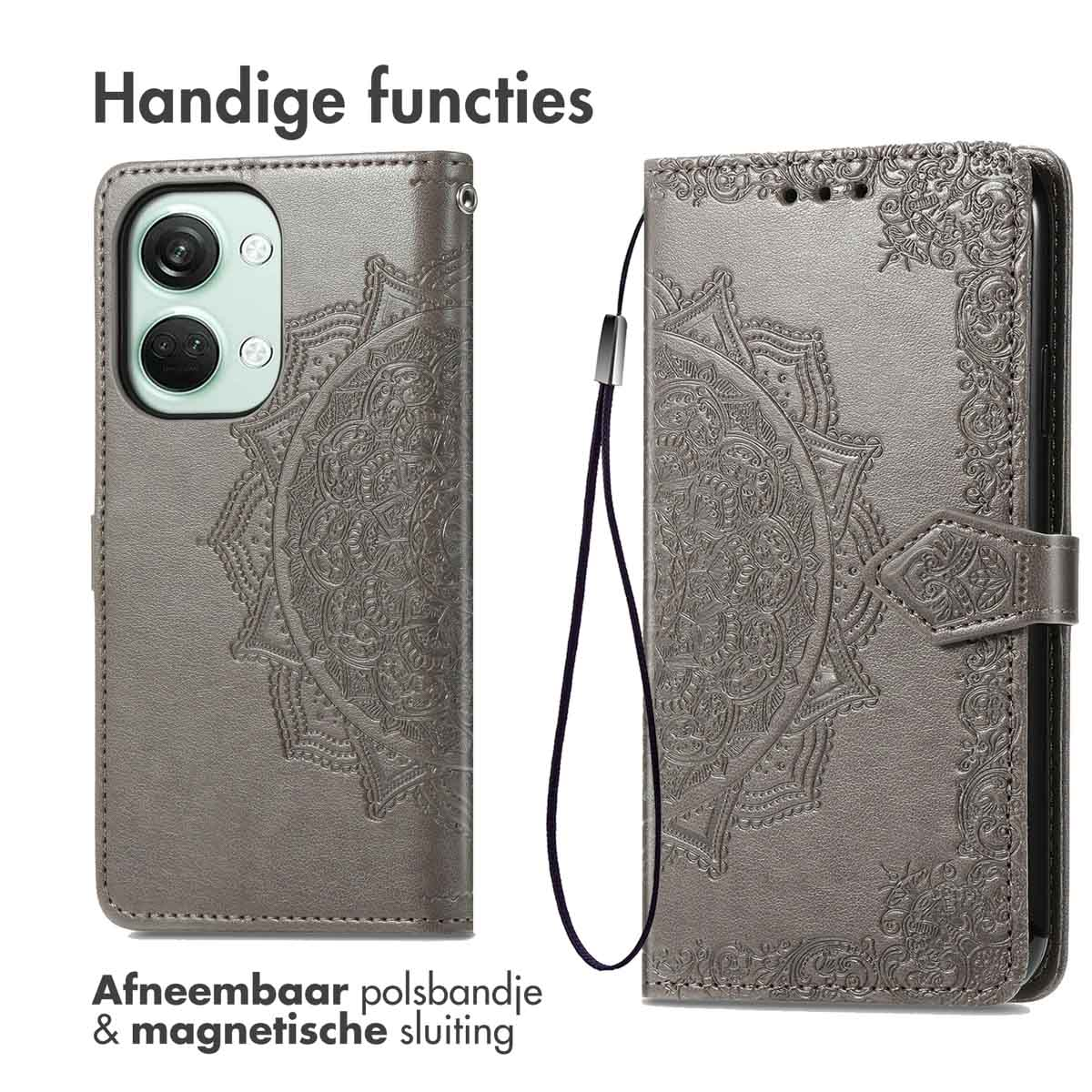 Un étui de téléphone gris avec un design. L'étui est sur une surface, et le téléphone est dedans.