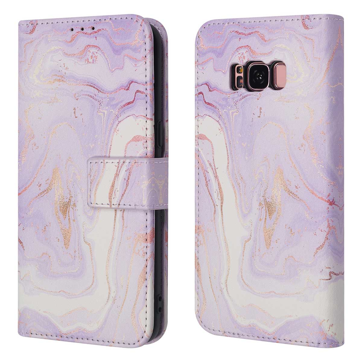 Paarse marmeren telefoonhoes met roségouden accenten, open en gesloten.