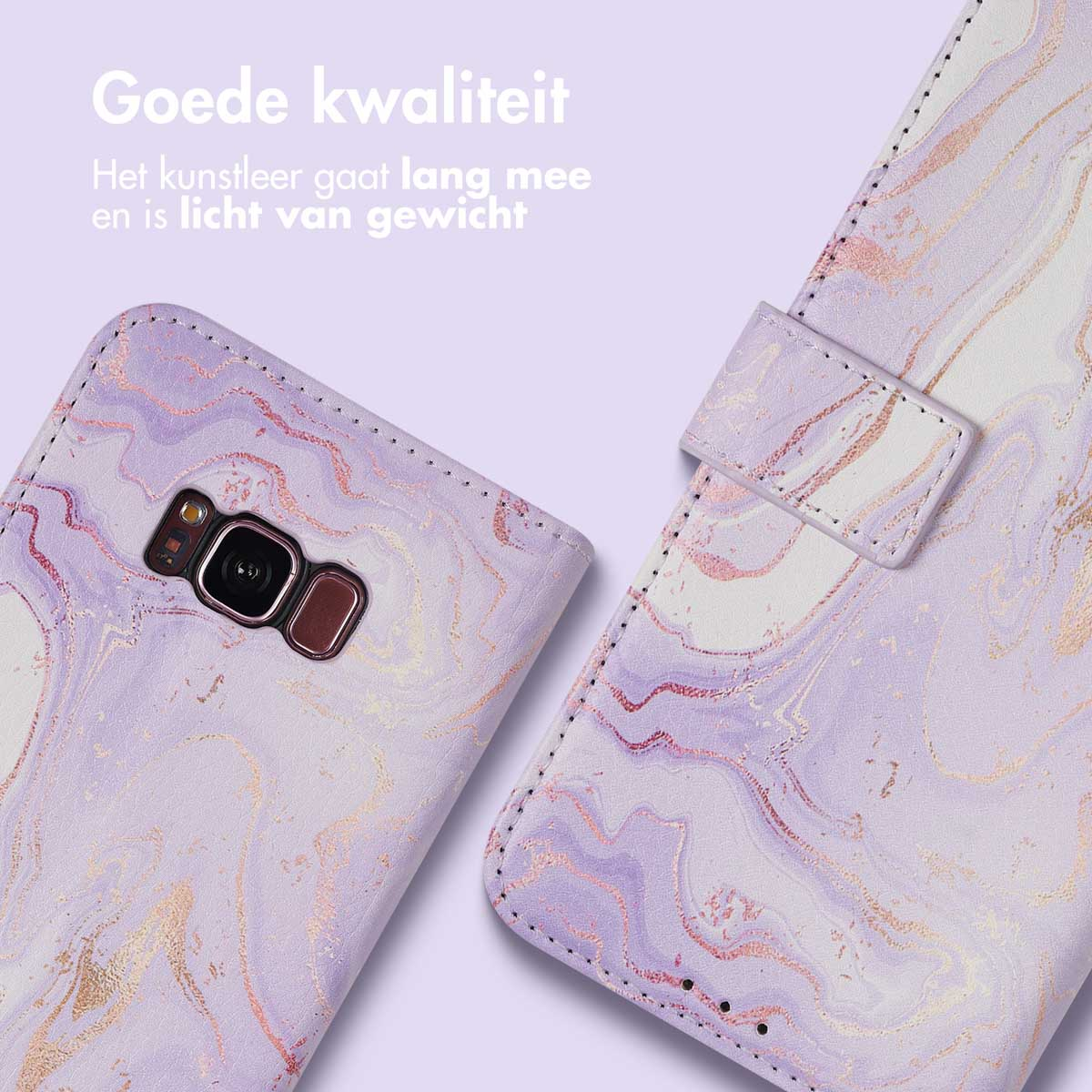 Paarse marmeren telefoonhoes met camerauitsparing.