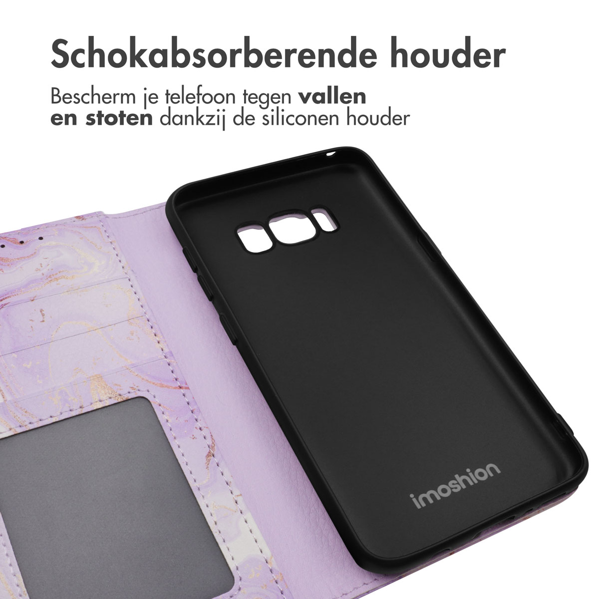 Zwarte telefoonhoes en paarse marmeren portemonneehoes naast elkaar.