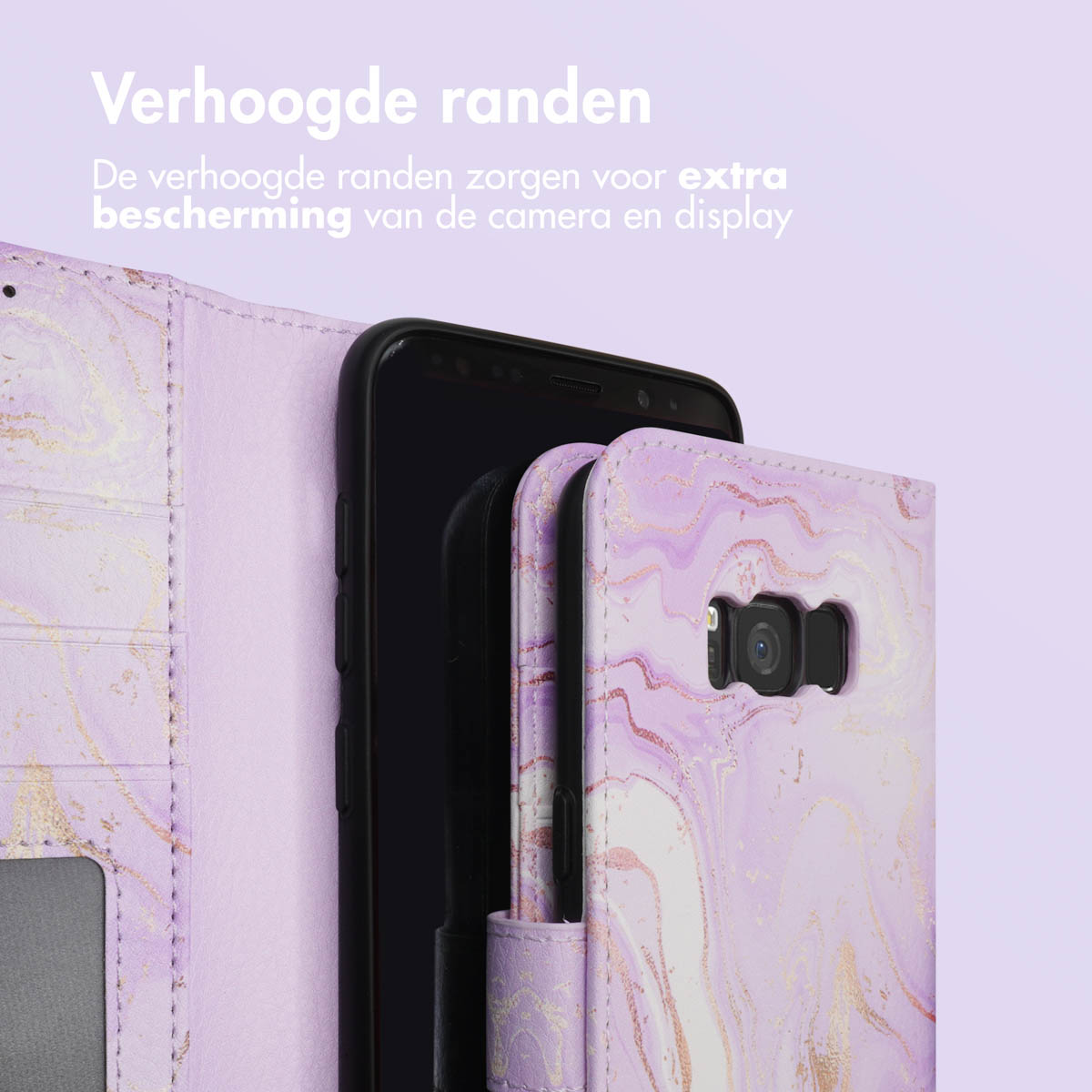 Paarse marmeren telefoonhoes met verhoogde randen voor camera en display.