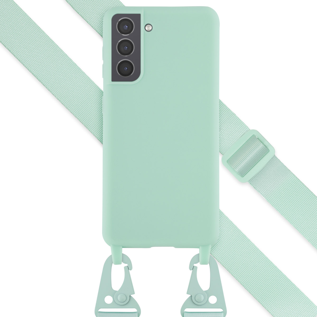 Mintgroene telefoonhoes met een mintgroene riem. De hoes heeft een camera. Witte achtergrond.