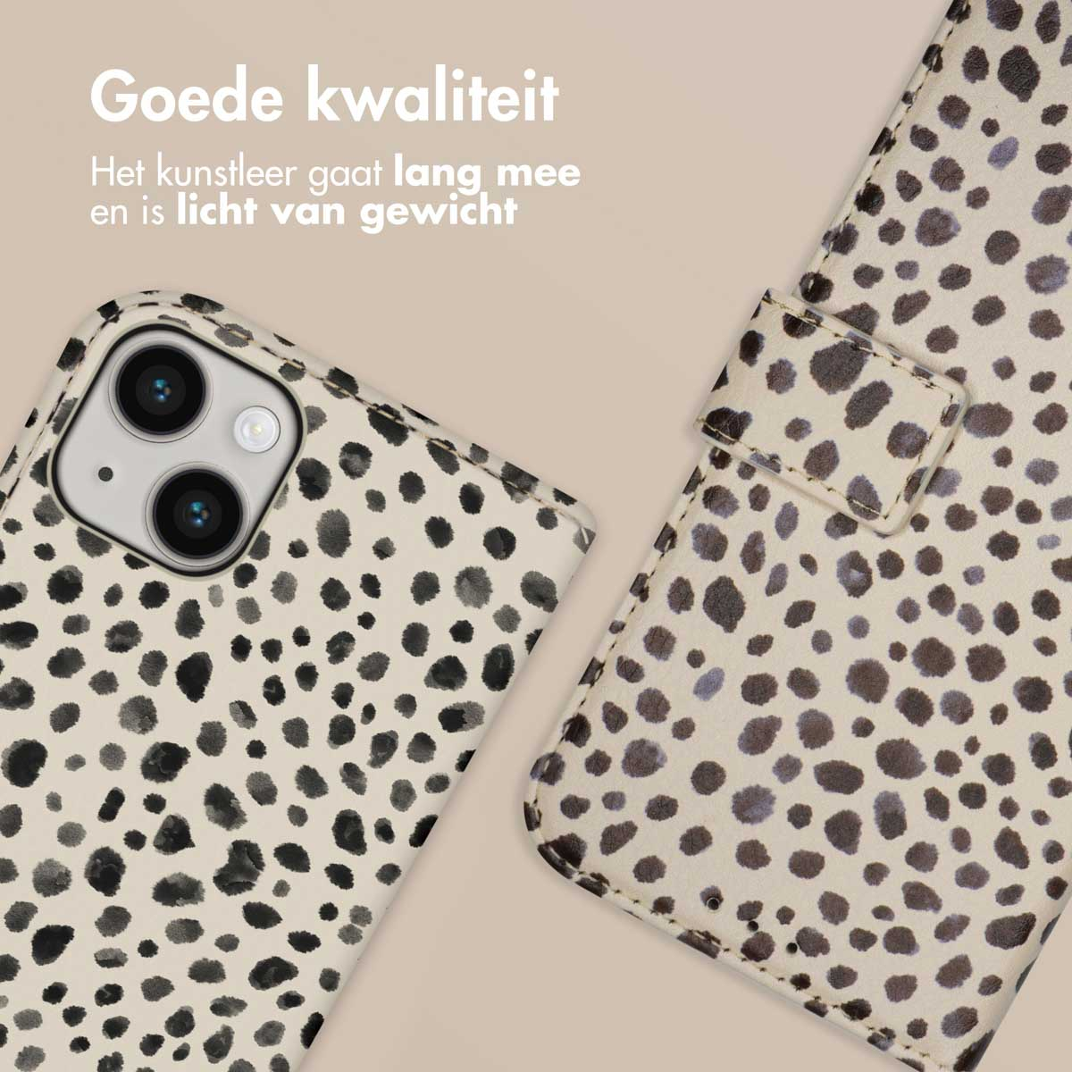 Telefoonhoesje met luipaardprint, witte hoes met zwarte vlekken.