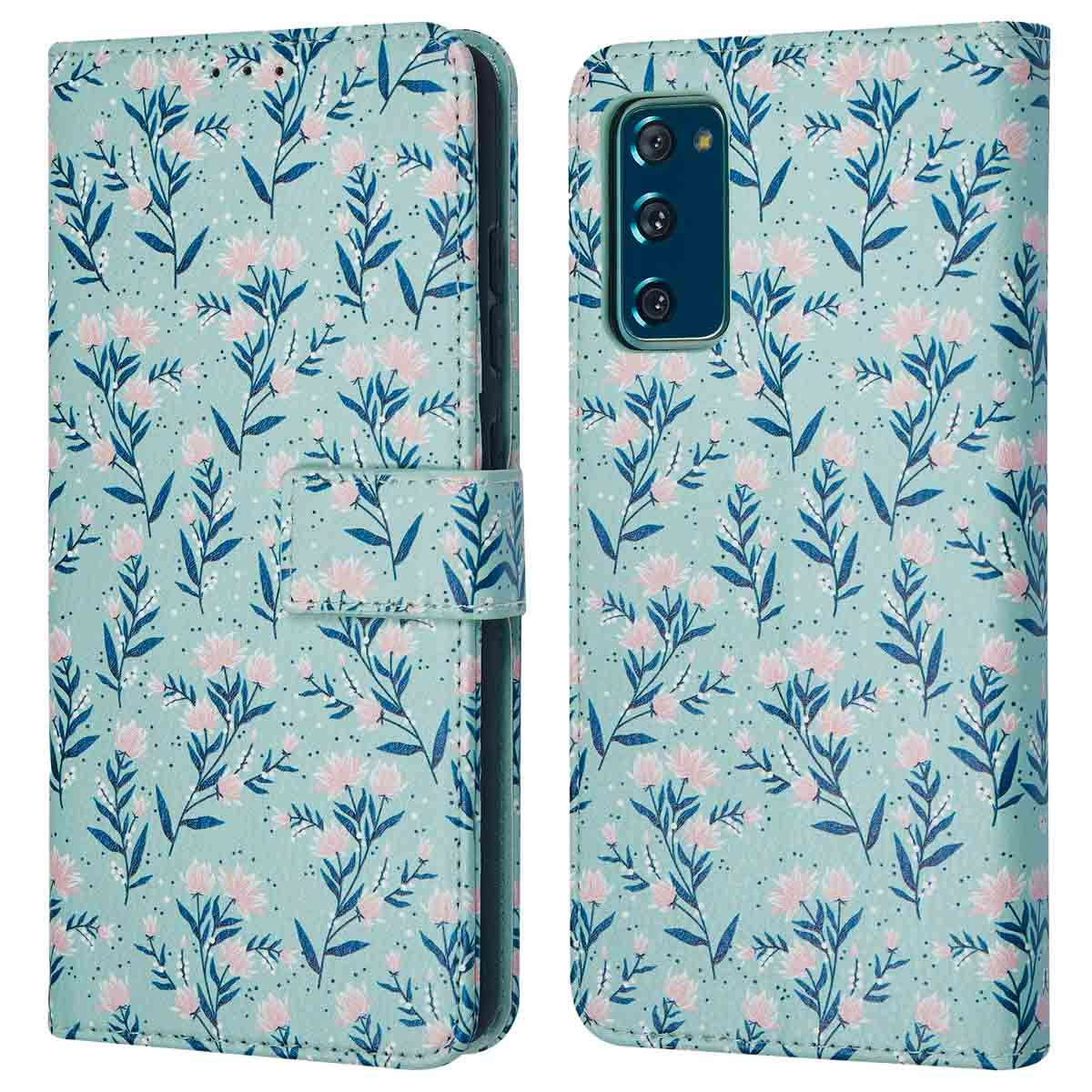 Une coque de téléphone bleu clair avec un délicat motif floral rose et bleu.