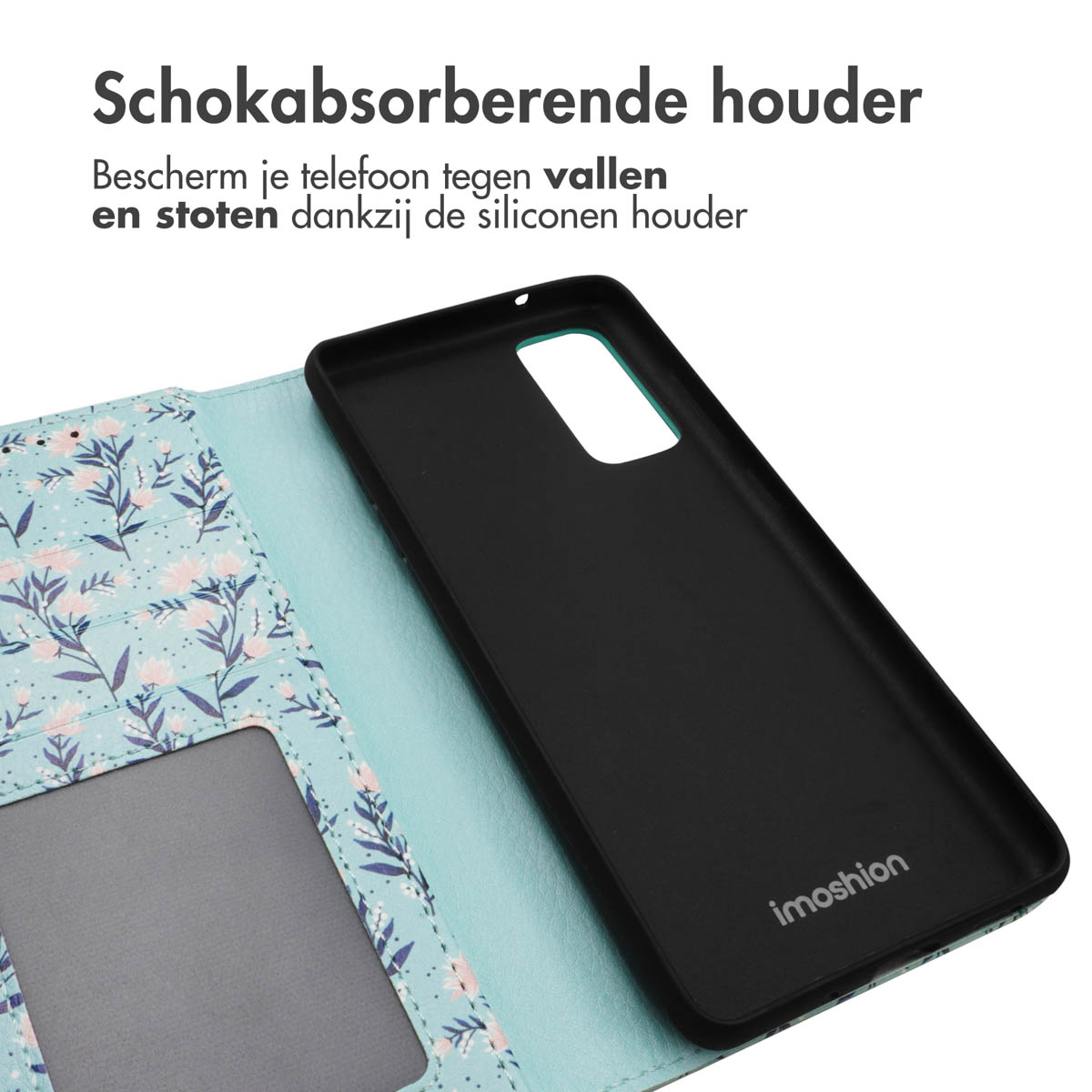 Un étui de téléphone floral bleu clair est ouvert, révélant un insert noir.
