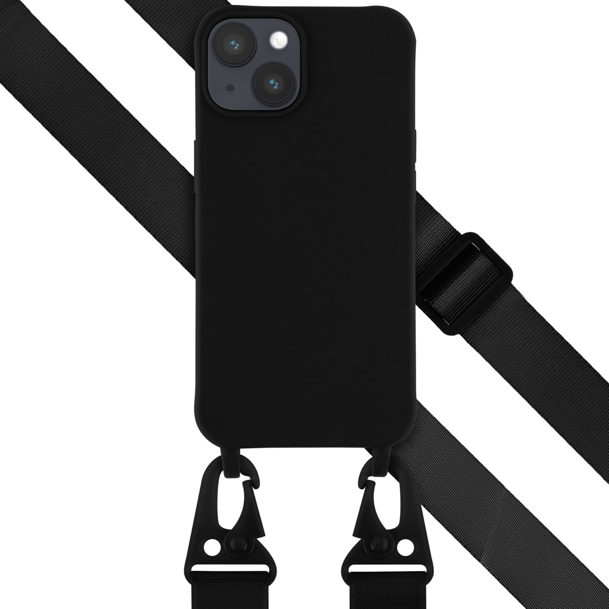 Zwarte telefoonhoes met zwarte band. De band heeft twee zwarte clips. De telefoonhoes heeft twee cameralenzen.