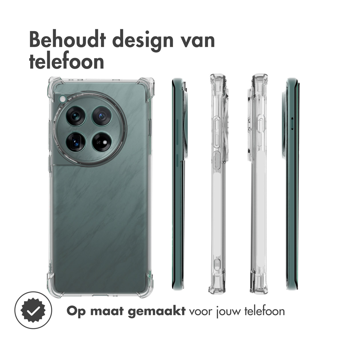 Coque de téléphone transparente avec téléphone à l'intérieur, différents angles. La coque maintient le design du téléphone.