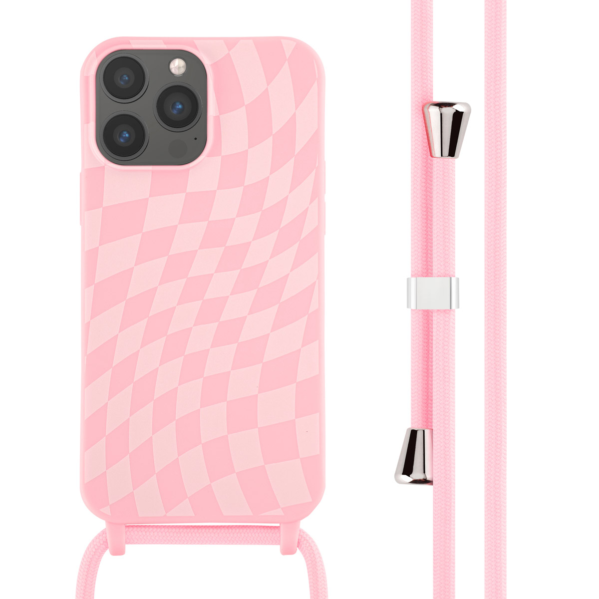 Coque rose avec motif quadrillé. Cordon rose. Téléphone à trois caméras.