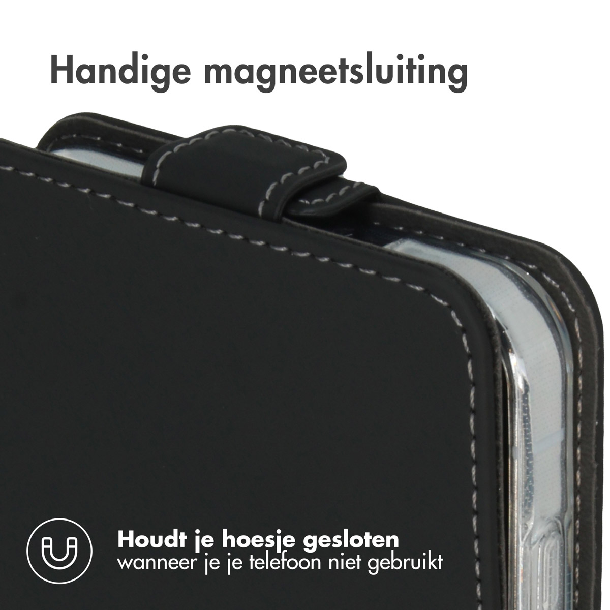 Custodia nera per telefono con chiusura magnetica e cuciture.