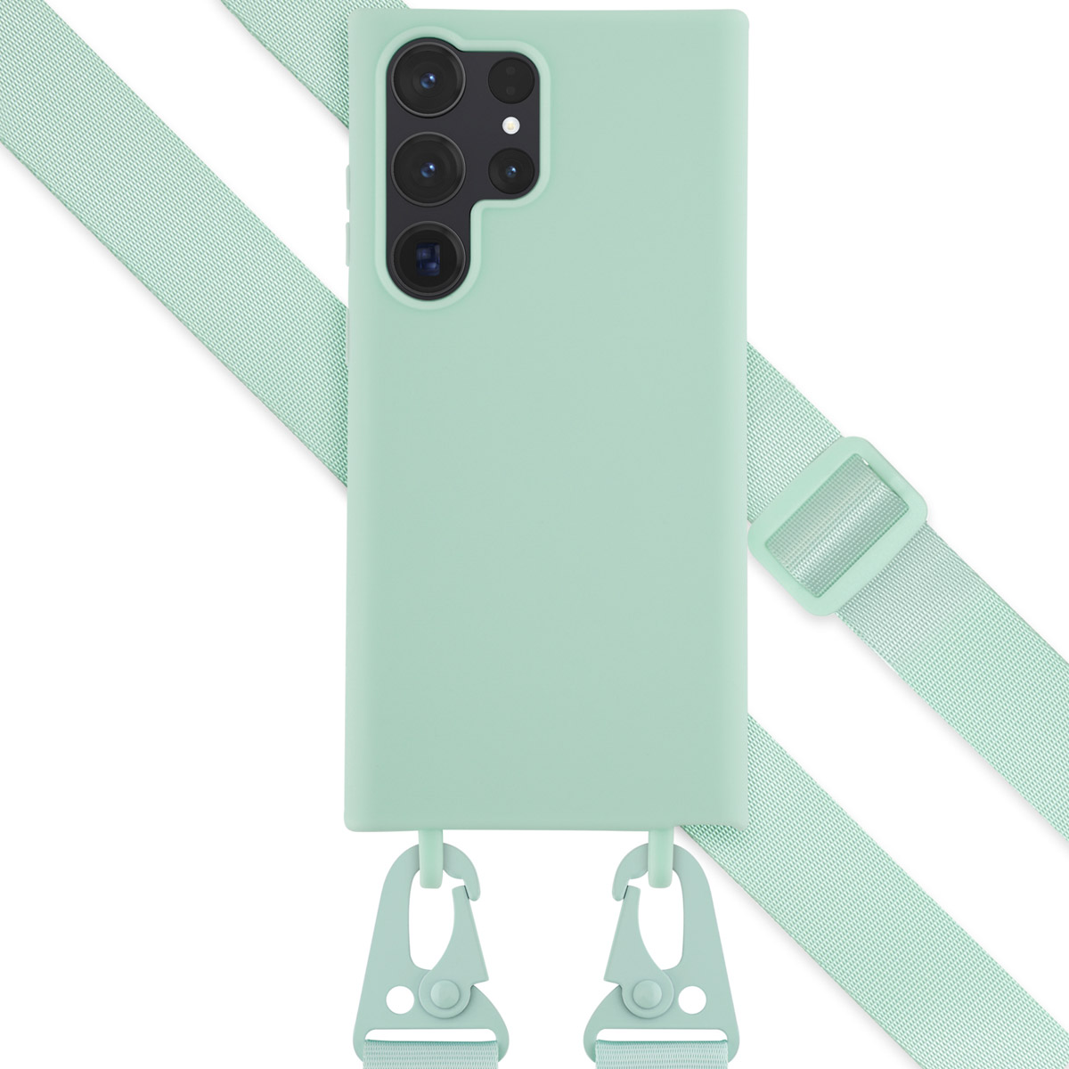 Mintgroene telefoonhoes met bijpassende riem en haken voor een telefoon.