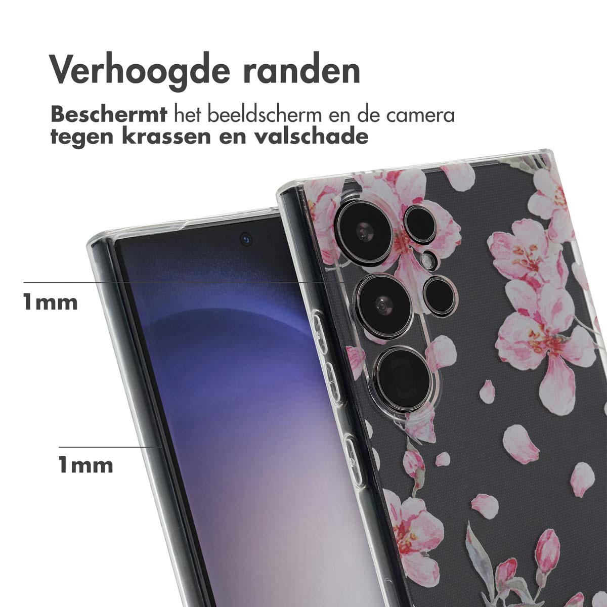 Téléphone avec étui floral. Texte: Bords surélevés protègent écran et caméra.