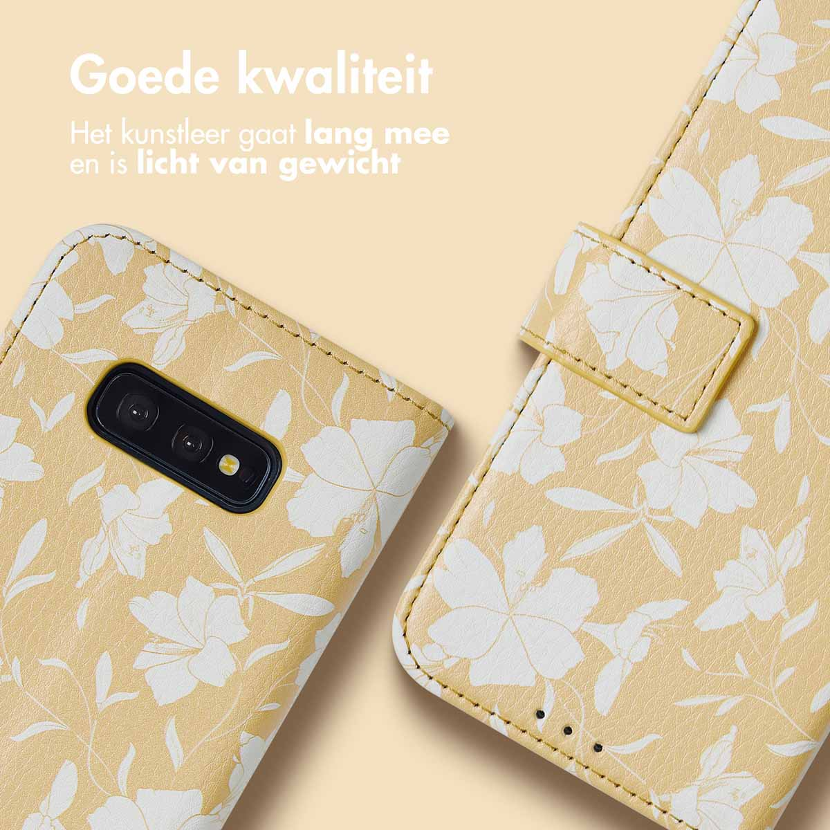 Coque de téléphone jaune à motifs floraux ouverte, montrant l'écran.