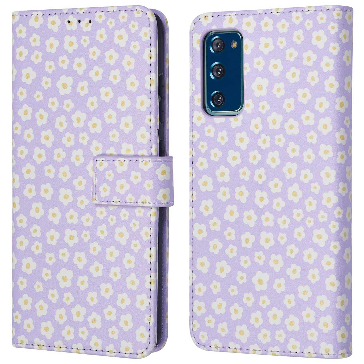 Een telefoonhoesje met een paars bloemenpatroon, opengeklapt om de telefoon te onthullen.