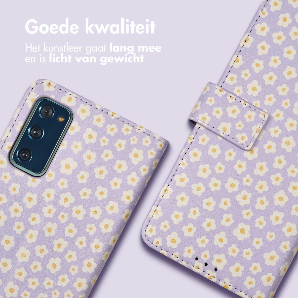 Paarse telefoonhoes met madeliefpatroon, leertextuur en knoop.