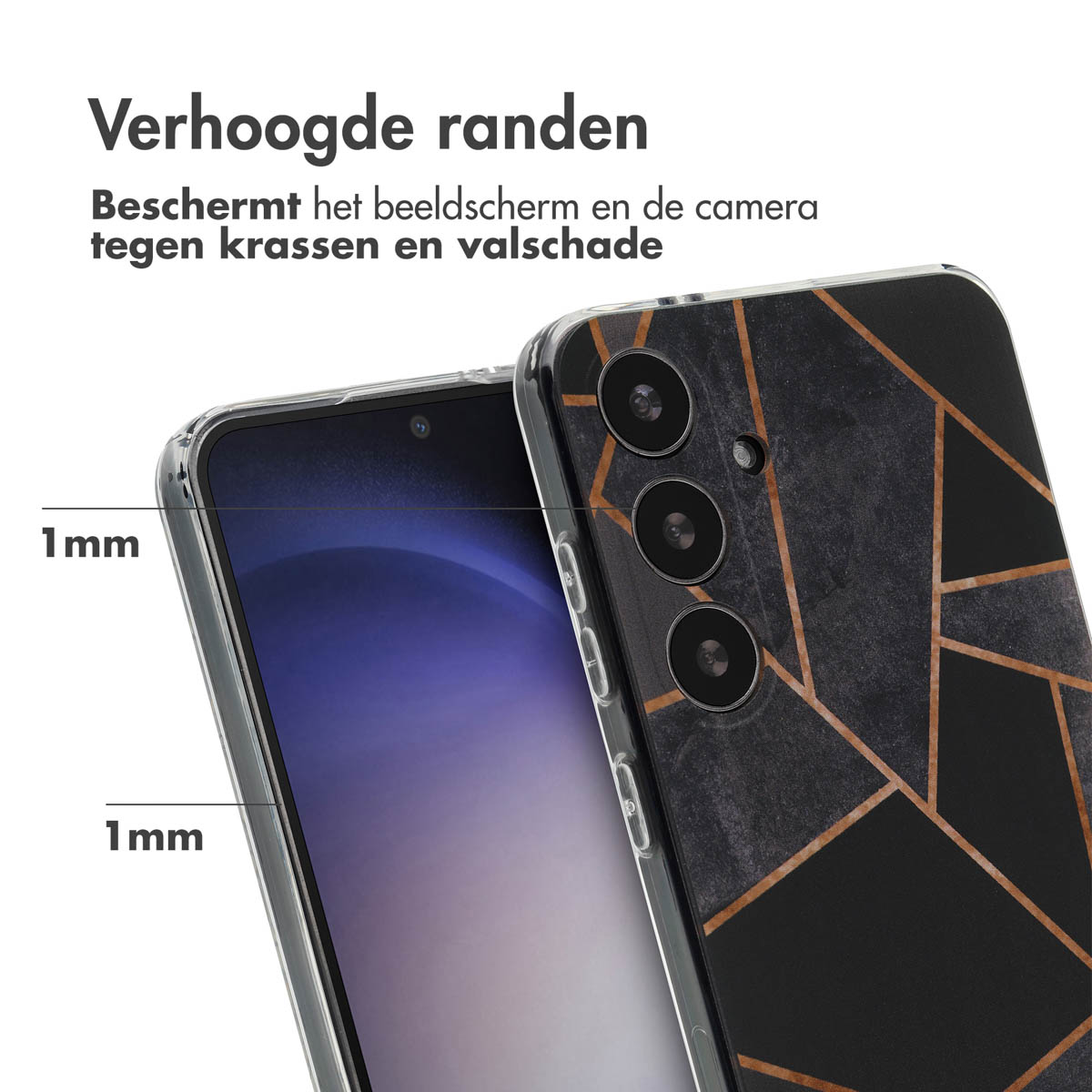Coque de téléphone avec motif marbre sur le téléphone. Texte : Bords surélevés.