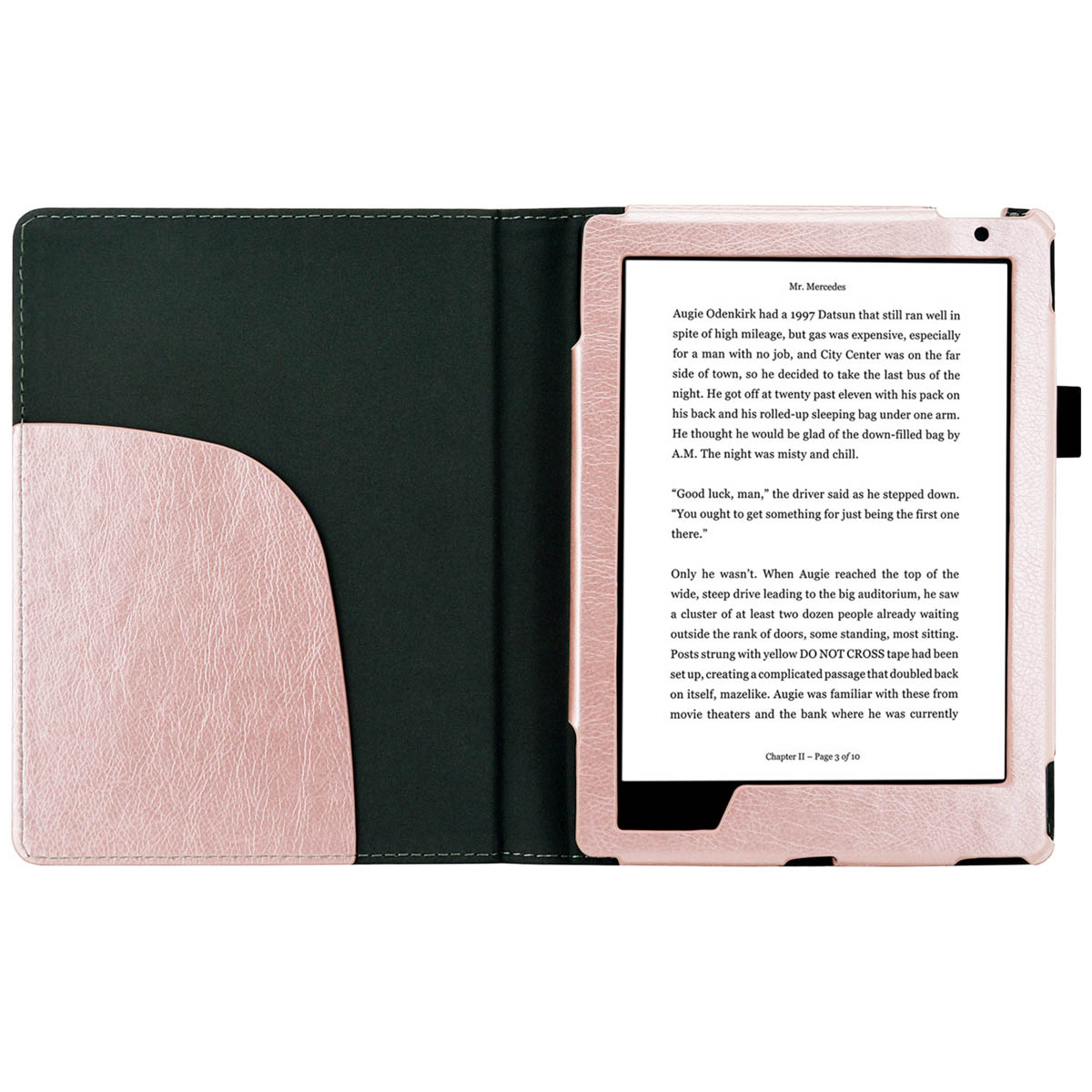 E-reader in a pink case with a black interior. Text on page.