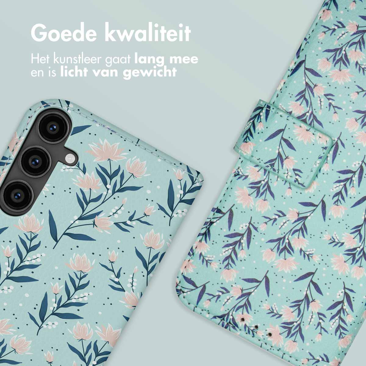 Étui de téléphone vert menthe à motif floral, objectifs de caméra visibles.