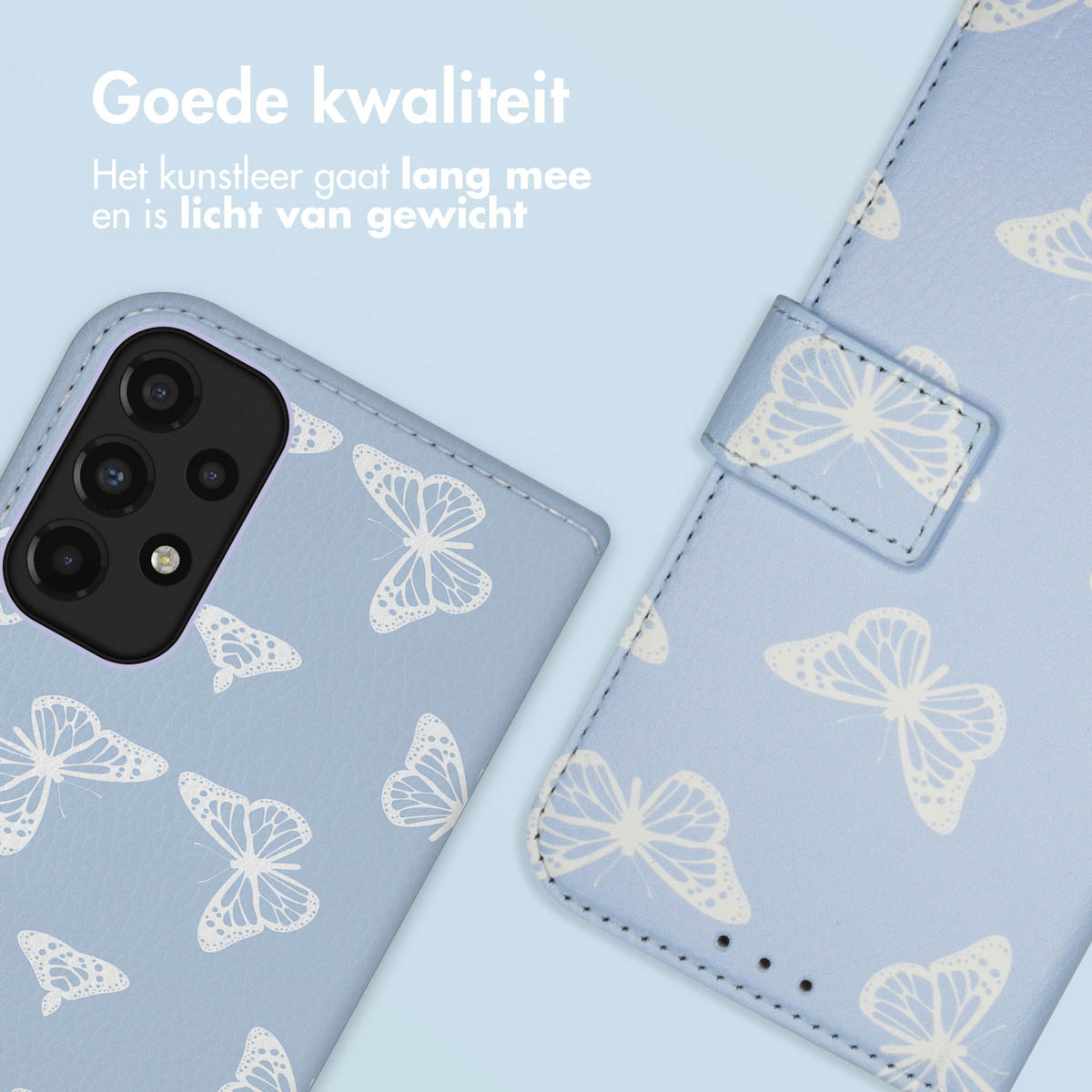 Ein hellblaues Handycover mit weißen Schmetterlingen und einem Kameramodul.