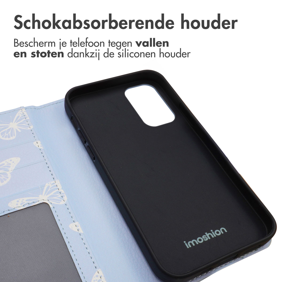 Schwarzes Handyhülle-Innere mit Schmetterlingsmuster auf der Klappe.