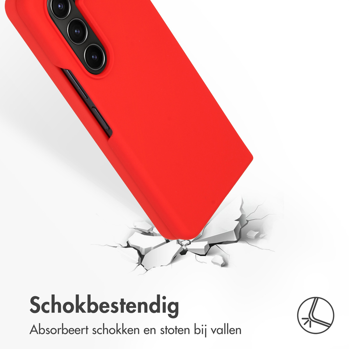 Rote Handyhülle fällt, zerbricht weiße Oberfläche. Schwarze Kamera sichtbar.