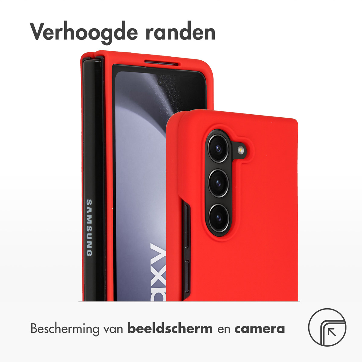 Rote Handyhülle mit Telefon. Die Hülle hat eine Kamera. Weißer Hintergrund.