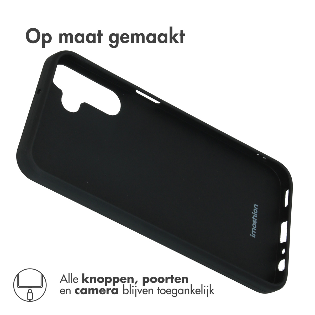 Zwarte telefoonhoes met uitsparingen voor camera, poorten en knoppen.