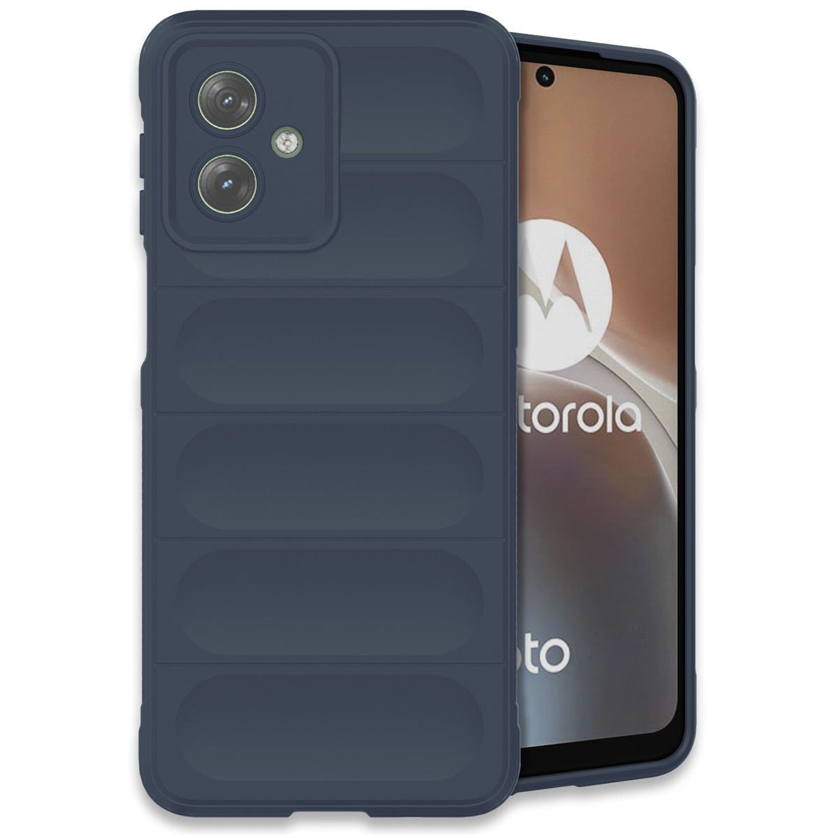 Donkerblauwe telefoonhoes met een geribbeld ontwerp, bedekt de camera en het display van een telefoon.