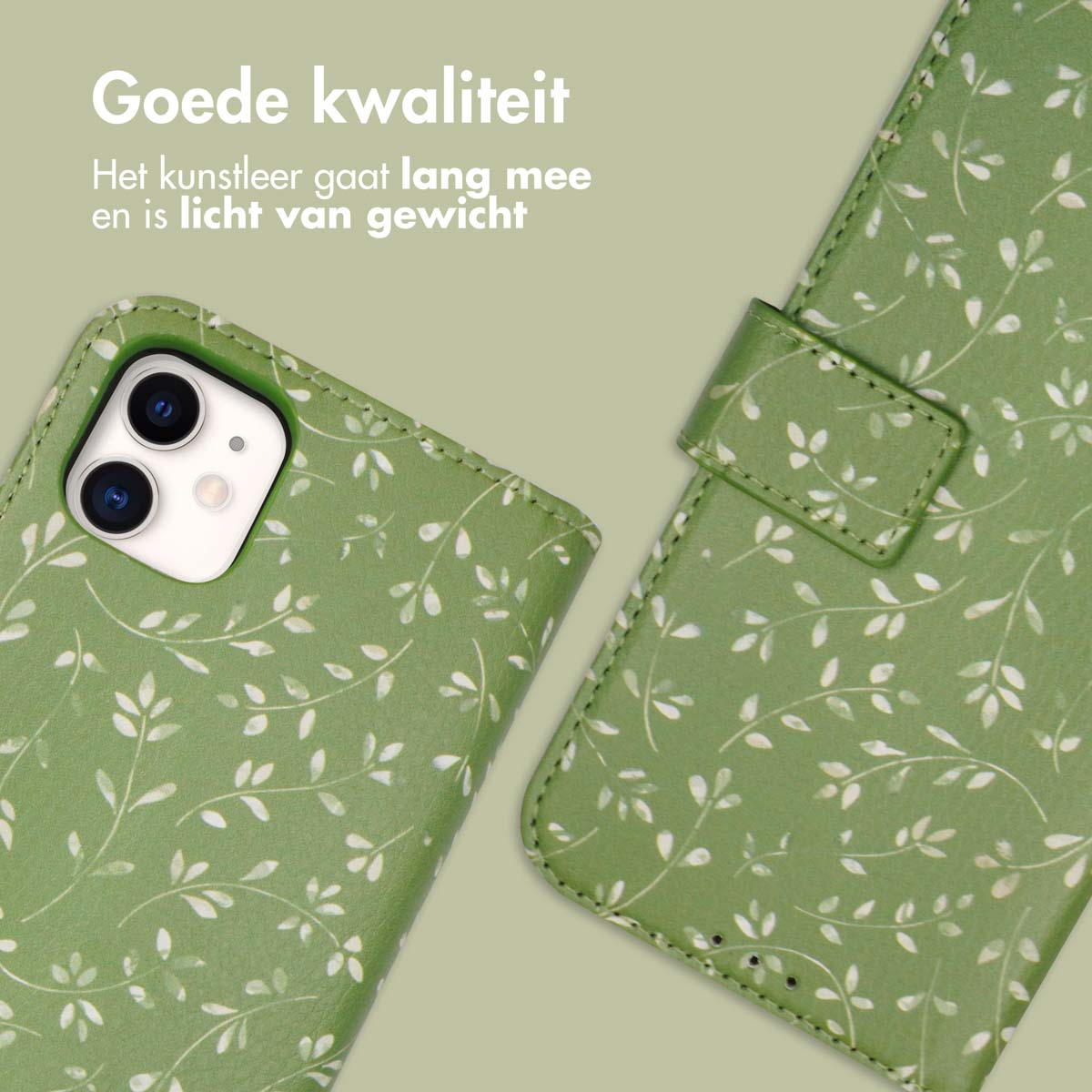 Groene telefoonhoes met bladerpatroon en tekst.
