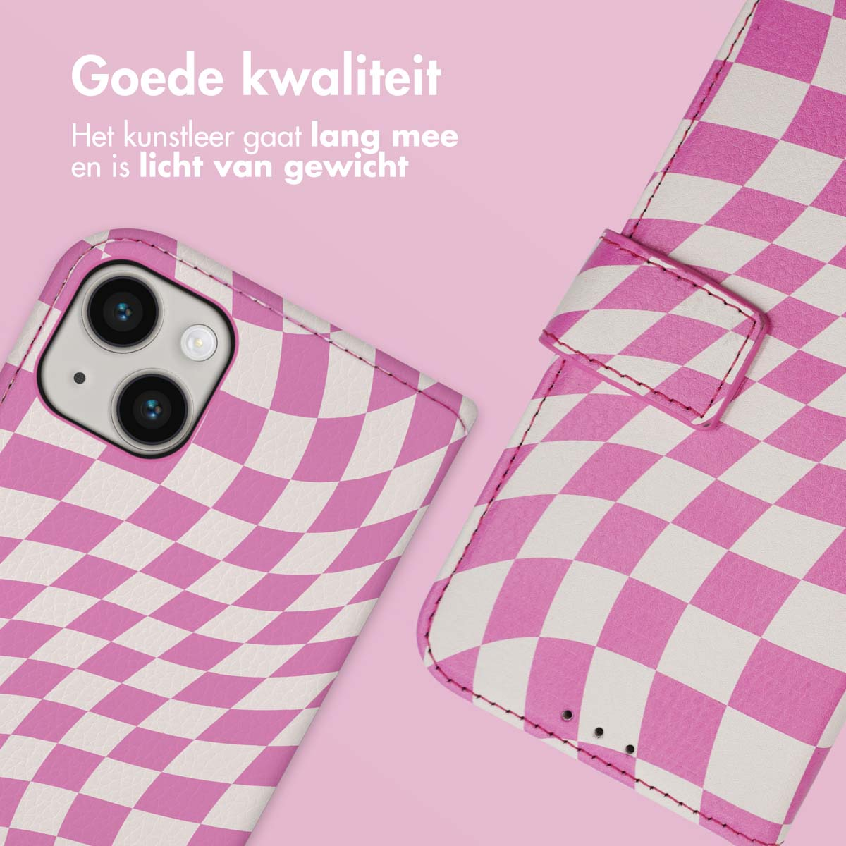 Een roze en witte telefoonhoes met schaakbordpatroon op roze achtergrond.