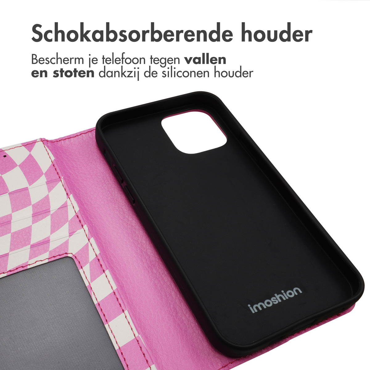 Zwarte telefoonhoes met roze ruitjespatroon en kaarthouder.