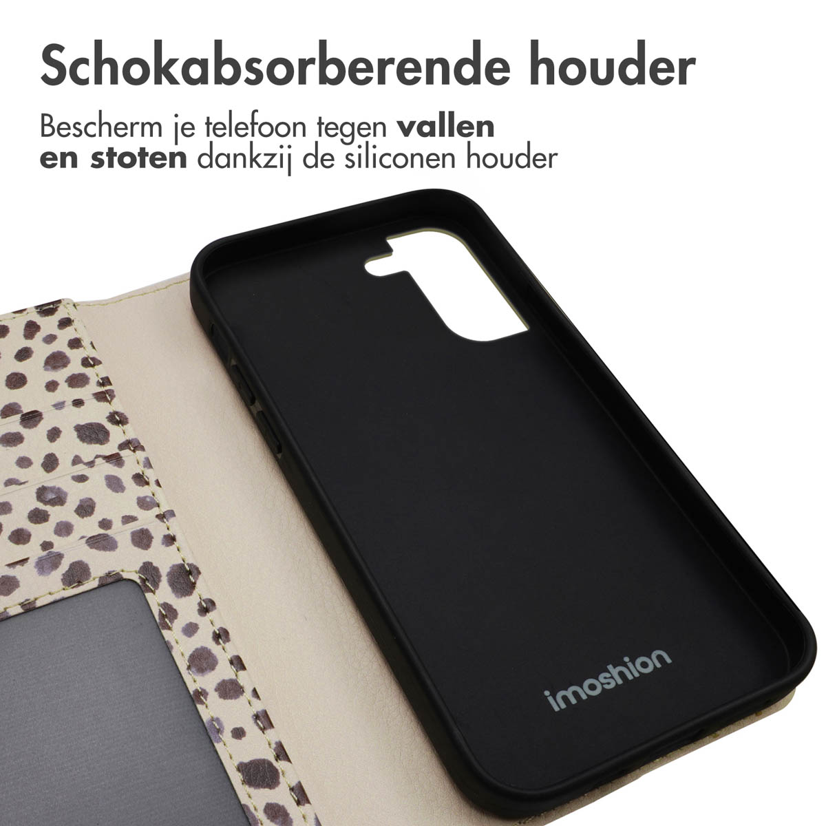 Zwarte telefoonhoes met luipaardprint en imoshion logo