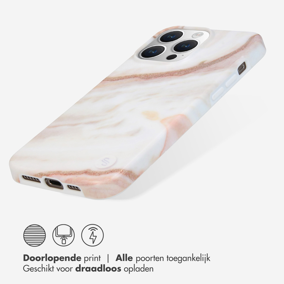 Una custodia bianca per telefono con motivo marmorizzato e accenti oro rosa, mostrata su un telefono.
