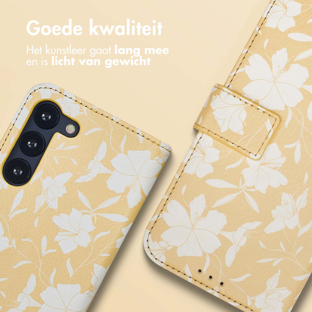 Coque de téléphone jaune à motif floral blanc et découpe caméra.
