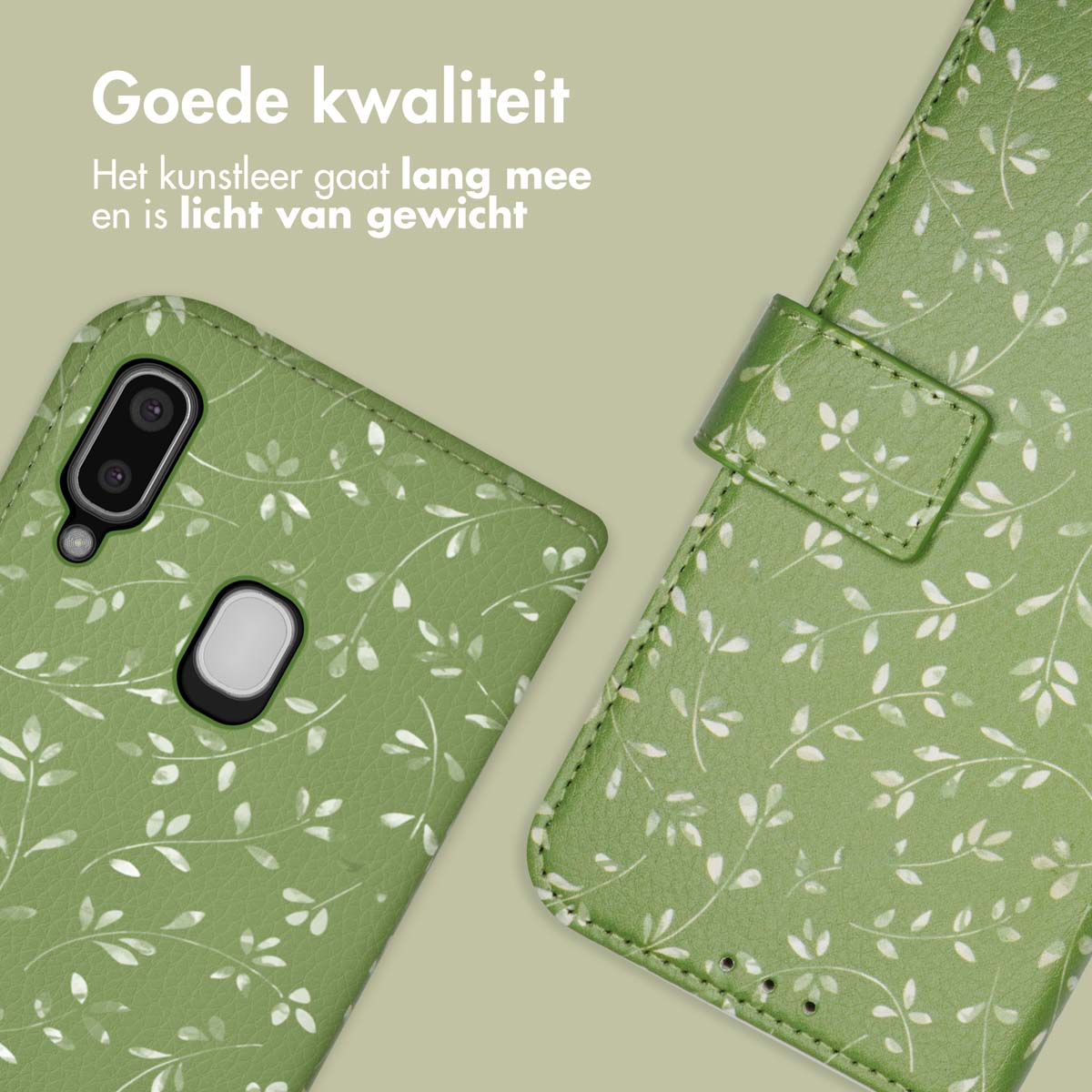 Groene telefoonhoes met bladpatroon en tekst 'Goede kwaliteit'.