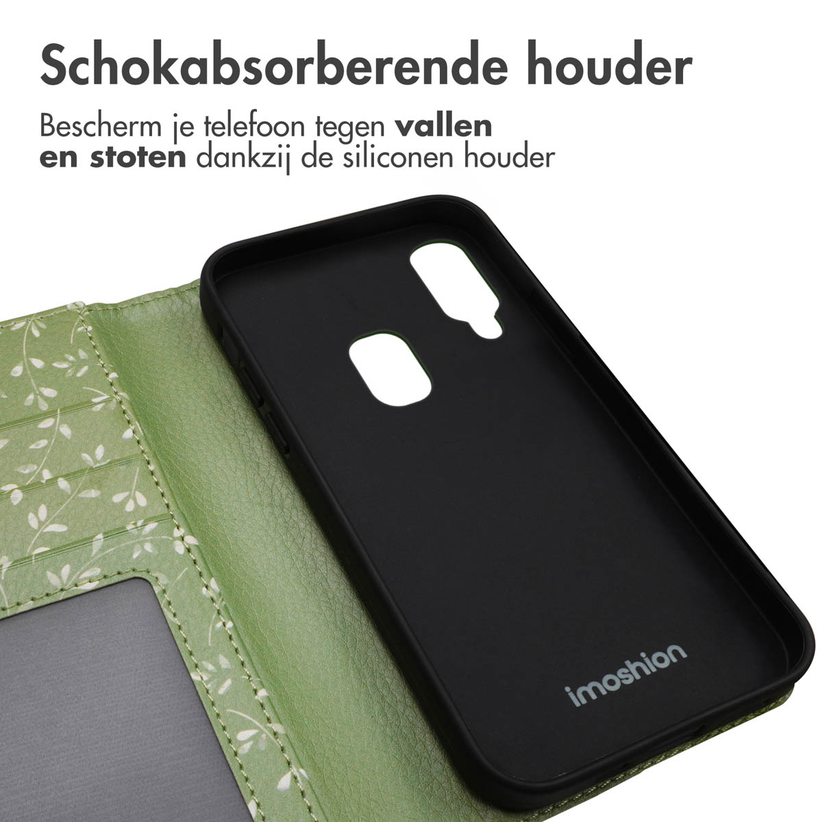 Groene telefoonhoes met patroon en zwarte binnenkant.