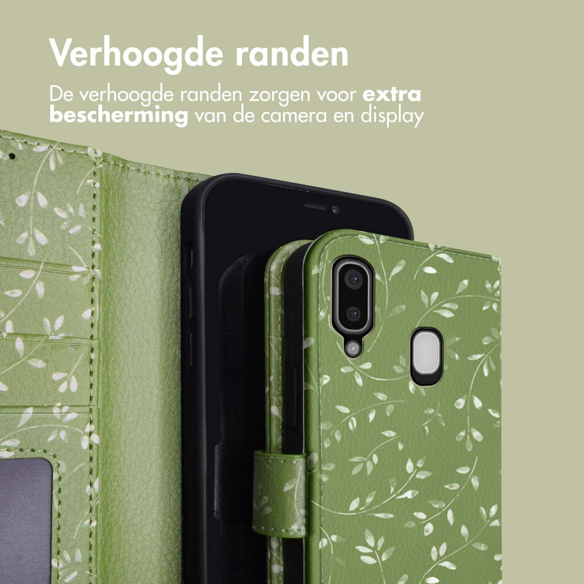 Groene telefoonhoes met bladerpatroon toont camera- en displaybescherming.
