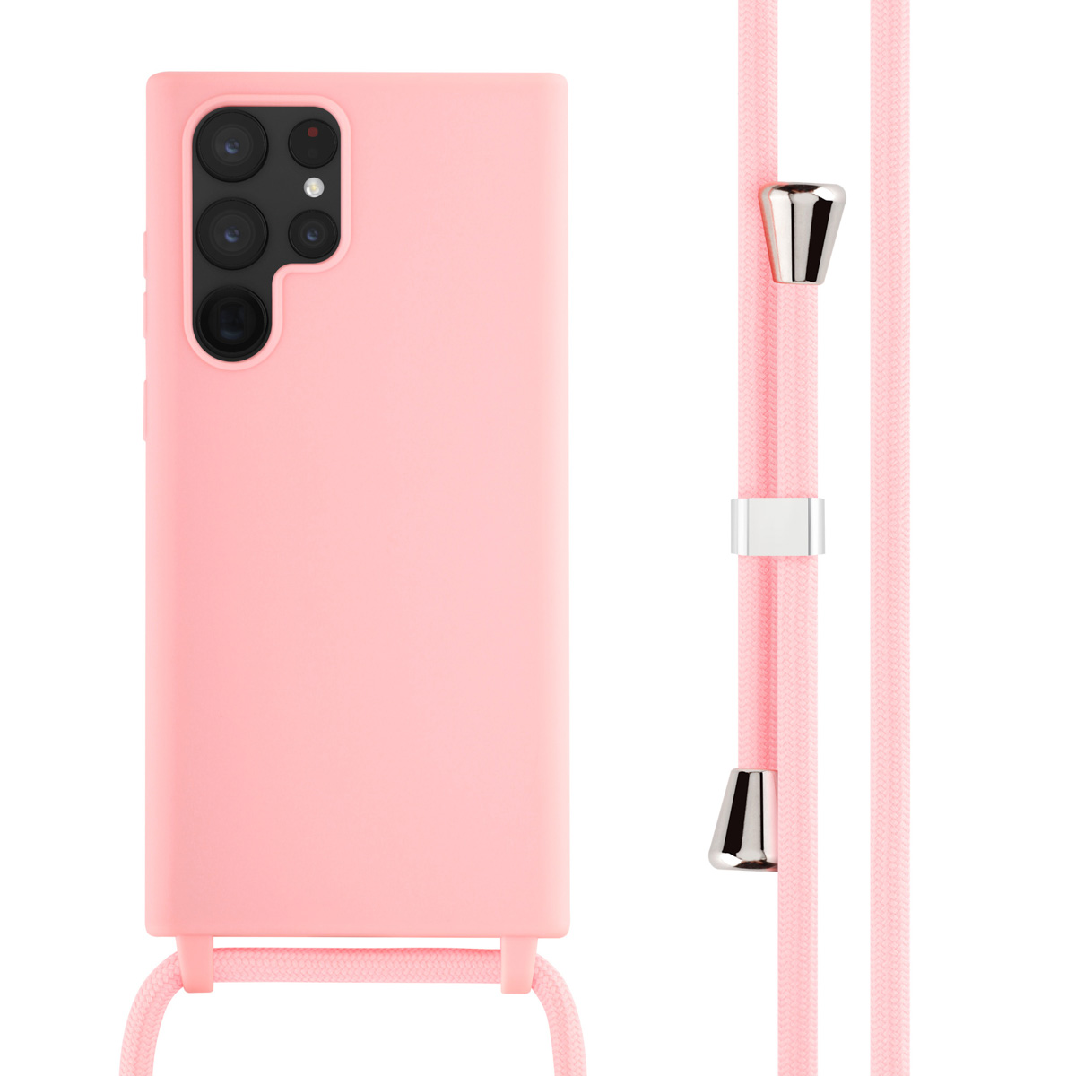 Coque de téléphone rose et un cordon rose avec des extrémités métalliques.