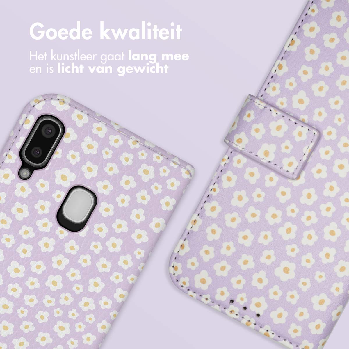 Paarse telefoonhoes met bloemenpatroon en tekst.