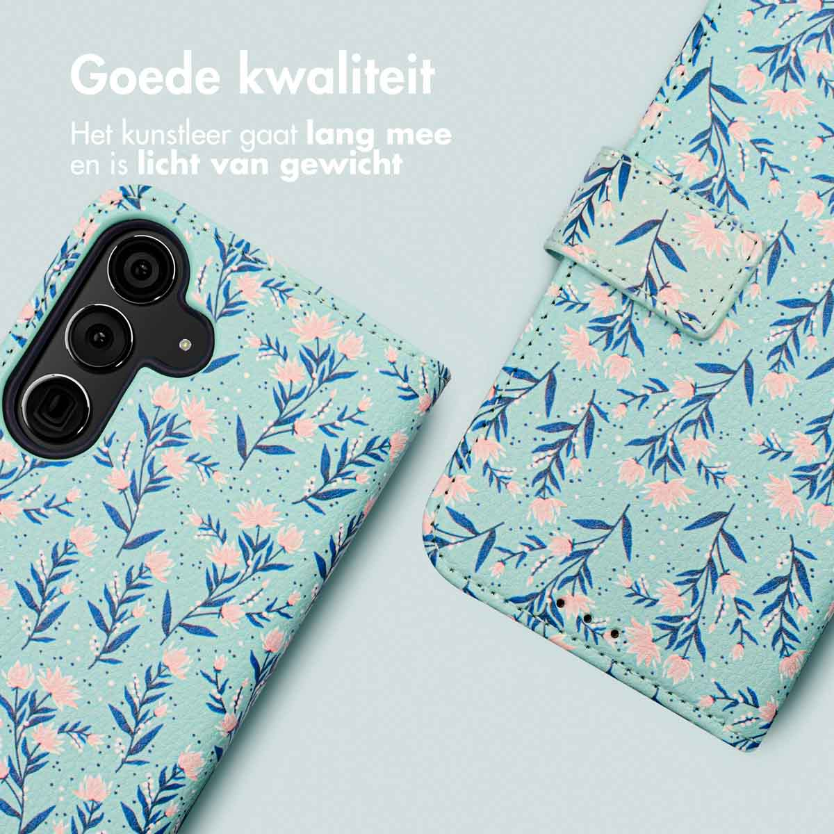 Une coque de téléphone turquoise à motif floral bleu et rose.