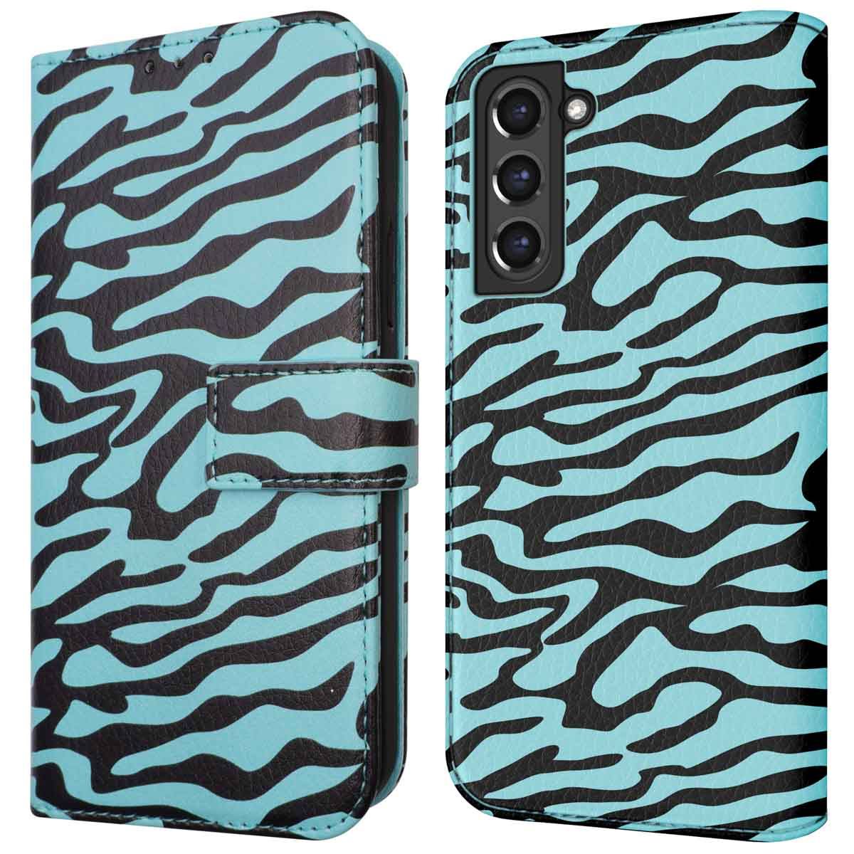 Étui portefeuille avec motif zébré bleu et noir. Ouvert pour montrer le téléphone et les fentes pour cartes.