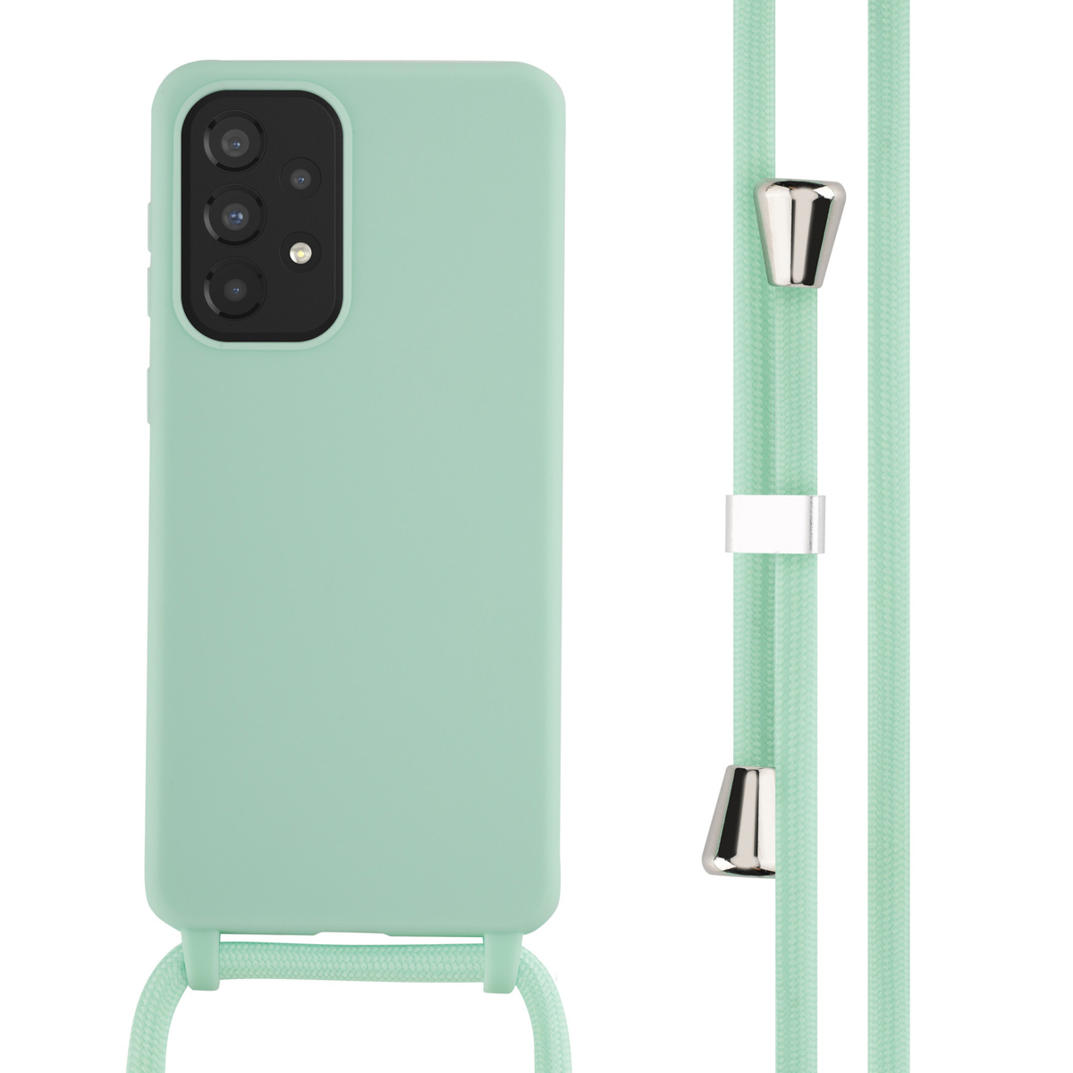 Une coque de téléphone vert menthe avec un cordon assorti. Des accents argentés sur le cordon.